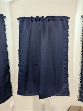 Melodieux Navy Pom Pom Curtains 52" X  63"